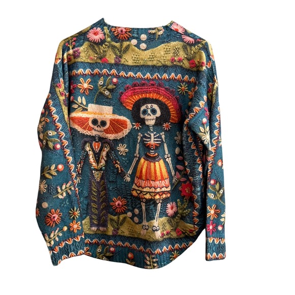 Unique Skeleton Couple Embroidered Teal Blue Sweater Women's Artwear Soft - Picture 2 of 13